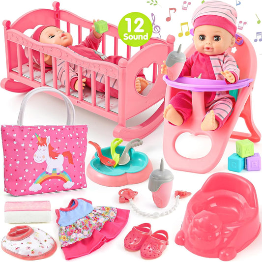 Tacobear Baby Puppe Zubehör Babypuppe Pflegeset Spielzeug,30cm Interaktive Puppen mit Sound, Puppenkleidung, Nippel, Windeln, Kinderbett, Hochstuhl, Spielzeug Geschenk für Mädchen 3 4 5 6 Jahre