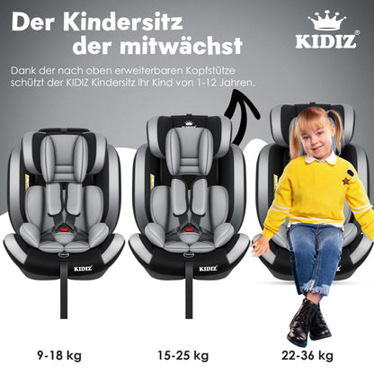 KIDIZ® Autokindersitz Kinderautositz Gruppe 1+2+3 9-36 kg 5-Punkt-Sicherheitsgurt, Autositz, Kindersitz, Einstellbare Kopfstütze, Mitwachsende Sitzerhöhung 1-12 Jahre, Stabil und Sicher