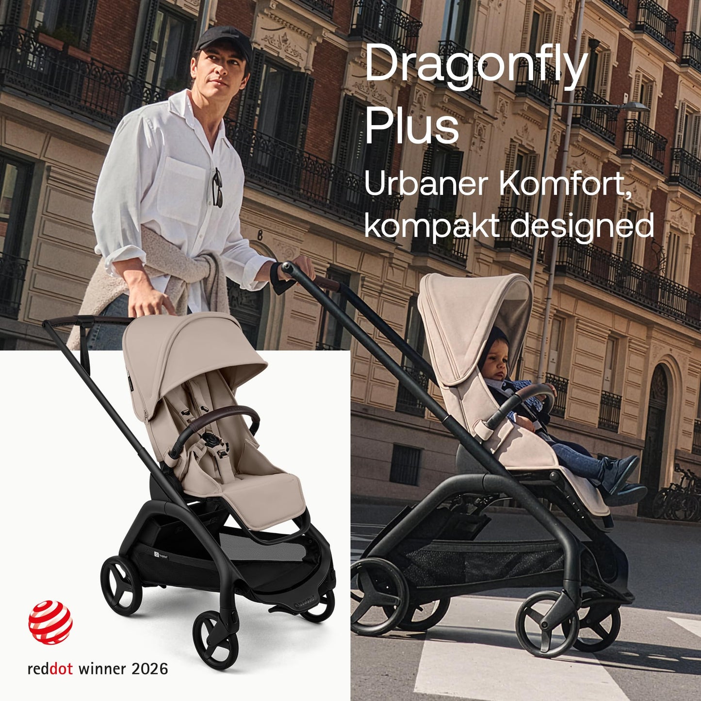 Bugaboo Dragonfly Plus Kinderwagen, kompakt und leicht optimal für die Stadt, Zusammenklappen mit einer Hand, wendbarer Sitz mit flacher Liegeposition, von Geburt bis Kleinkind, Desert Taupe