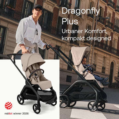 Bugaboo Dragonfly Plus Kinderwagen, kompakt und leicht optimal für die Stadt, Zusammenklappen mit einer Hand, wendbarer Sitz mit flacher Liegeposition, von Geburt bis Kleinkind, Desert Taupe