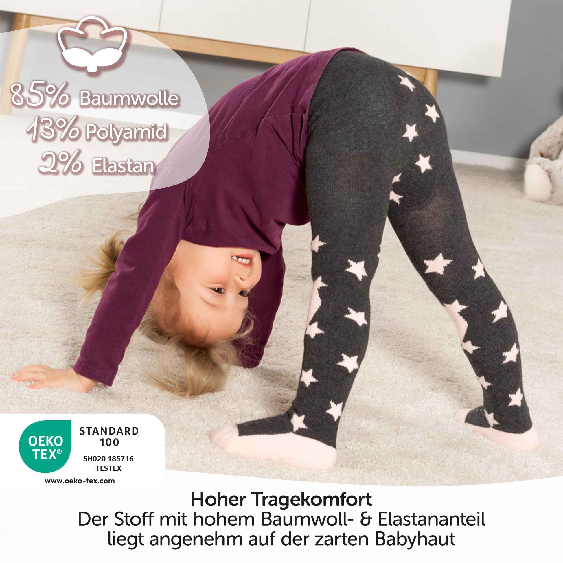 LaLoona Baby Crawling Tights with ABS Sole - Elastic Children's Tights with Non-Slip Nubs - Stars / Pink