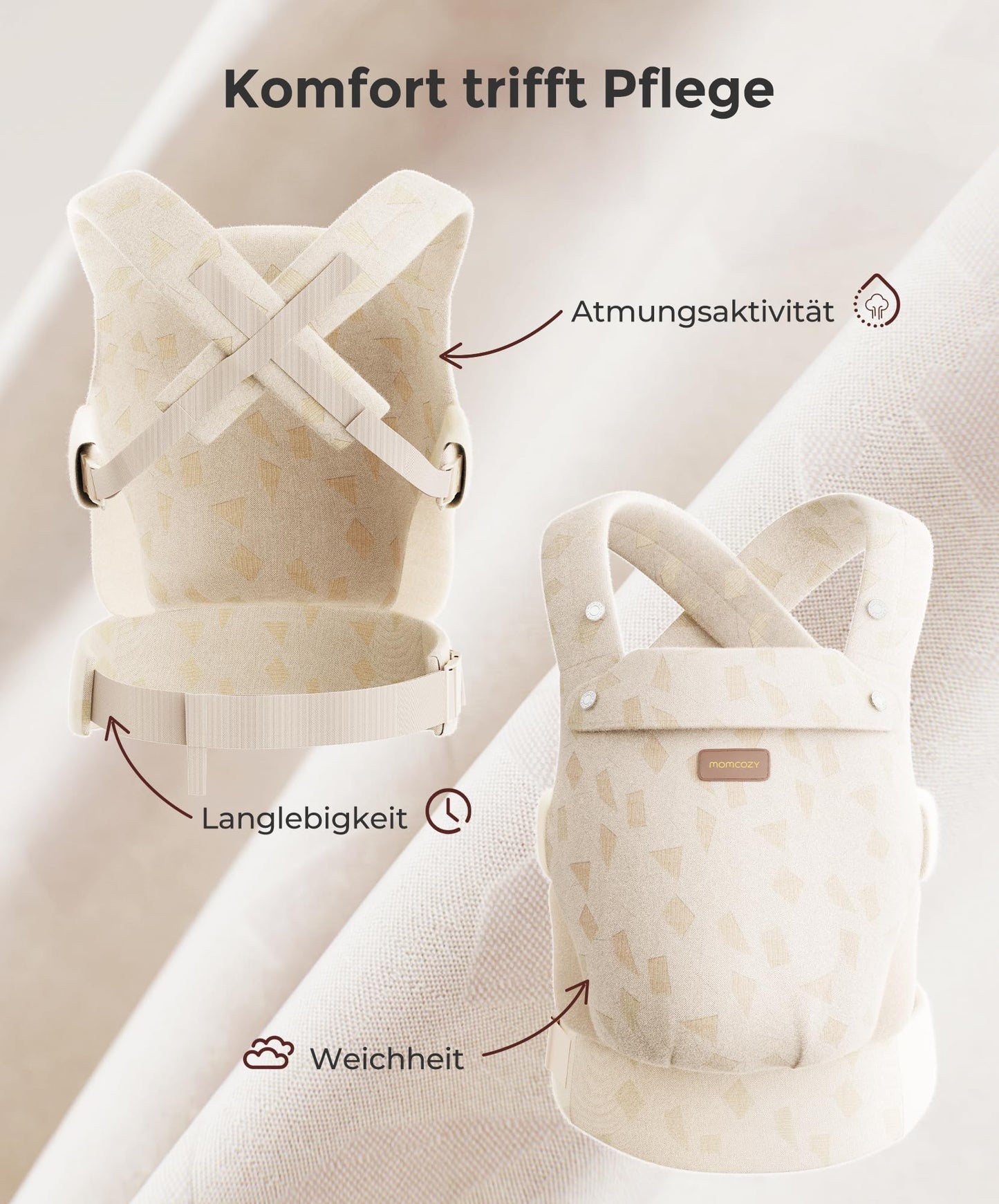 Momcozy Babytrage aus 100% Baumwolle – Baby Carrier für Kleinkind (3-24 Monate, 3,2-20 kg) · Ergonomische M-Position · X-Rücken · Taillengurt 64-127cm, Khaki