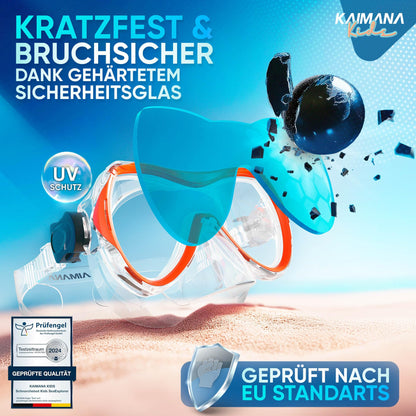 Das Neue KAIMANA® SeaExplorer Schnorchelset Kinder + Tragetasche, Taucherbrille mit Schnorchel, Taucherbrille Kinder, Alternative zur Schnorchelmaske Kinder, Taucherbrille mit Stoffband/Silikonband