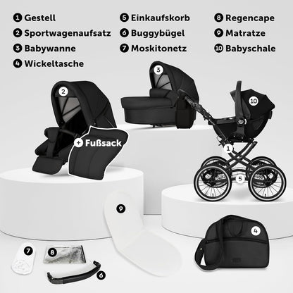 Bergsteiger Venice Nostalgia 3-in-1 Combination Pushchair - Baby Carrier, Sports Seat & i-Size Baby Seat, Pneumatic Tyres, Suspension, Height-Adjustable Handle, Foldable, Accessories