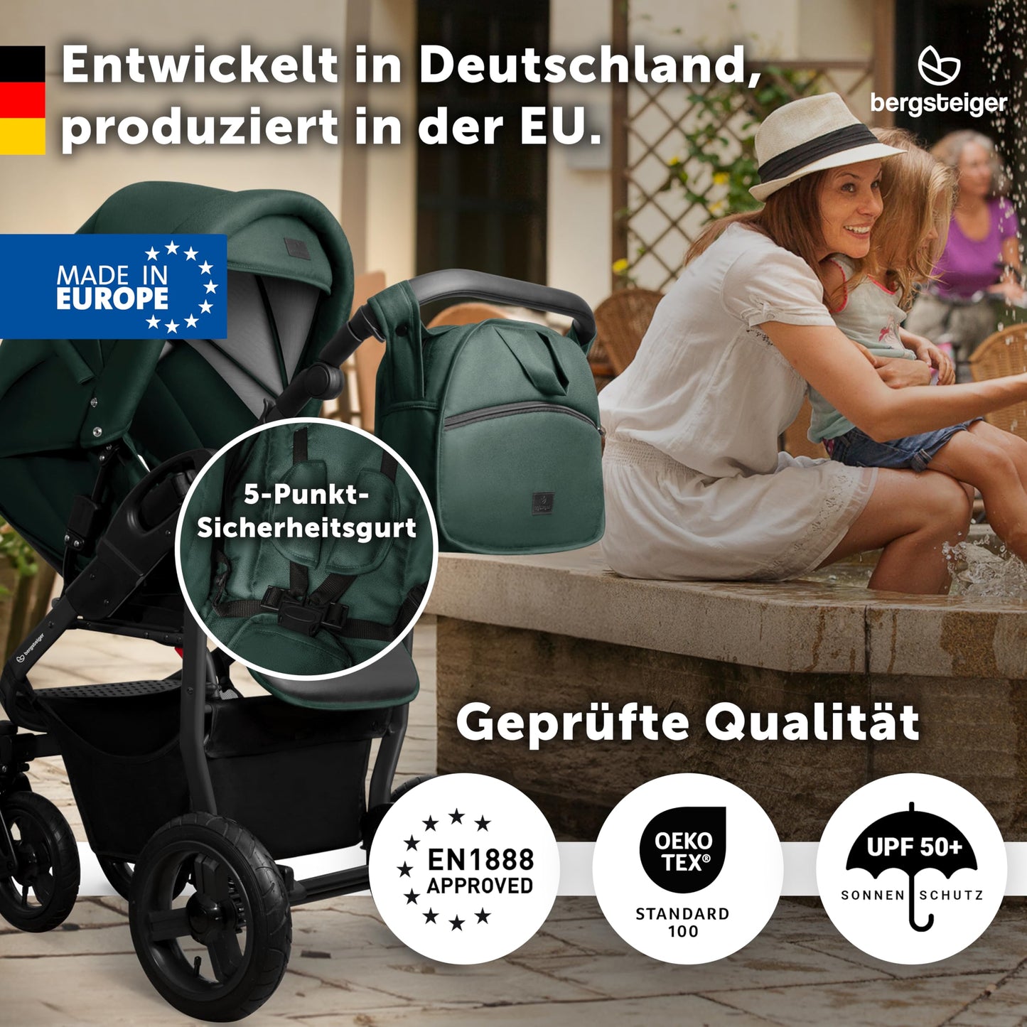 Bergsteiger Capri 3-in-1 Combination Pushchair - Baby Carrier, Sports Seat & i-Size Baby Seat, Pneumatic Tyres, Suspension, Height-Adjustable Handle, Foldable, Accessories