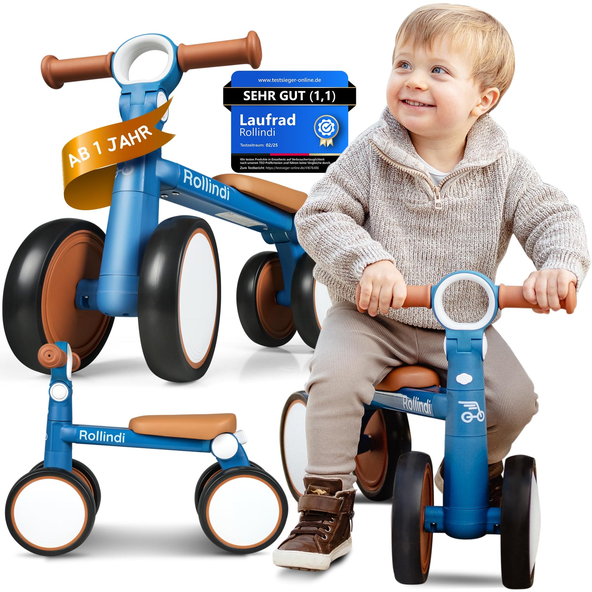 Rollindi Kinder Laufrad ab 1 Jahr [Mitwachsend] Kippsicher Leicht Lauflernrad Baby Fahrrad Rutschauto Jungen und Mädchen von 12-36 Monate | Neues Modell, Blau - Meloni2