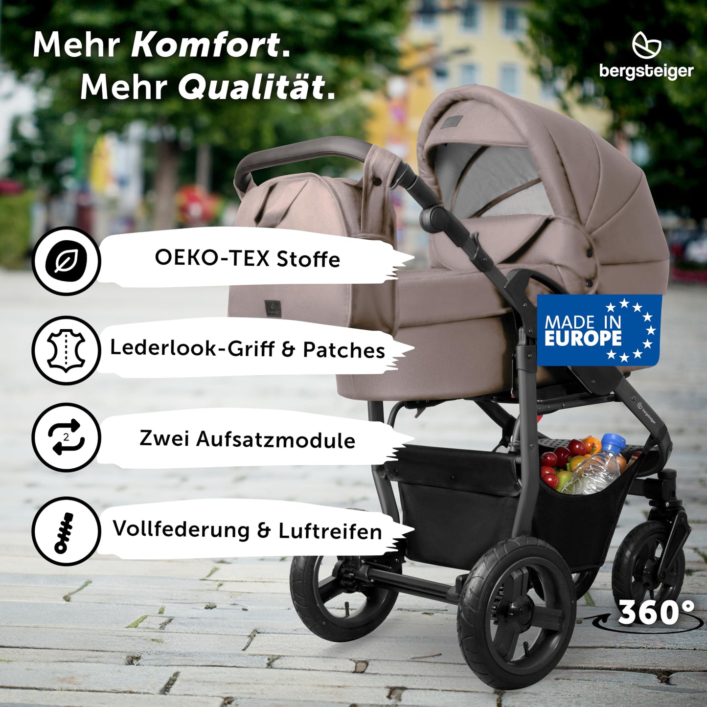 Bergsteiger Capri 3-in-1 Combination Pushchair - Baby Carrier, Sports Seat & i-Size Baby Seat, Pneumatic Tyres, Suspension, Height-Adjustable Handle, Foldable, Accessories