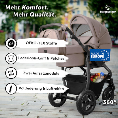 Bergsteiger Capri 3-in-1 Combination Pushchair - Baby Carrier, Sports Seat & i-Size Baby Seat, Pneumatic Tyres, Suspension, Height-Adjustable Handle, Foldable, Accessories