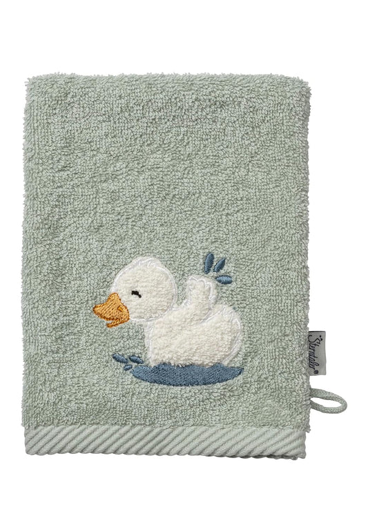 Sterntaler 2-pack wash gloves made of plain terry cloth duck Edda Lou with embroidery and logo lettering, 