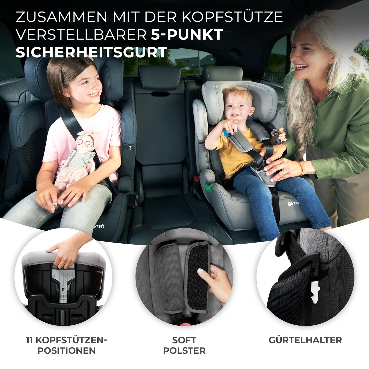 Kinderkraft Kinderautositz COMFORT UP I-SIZE, Autokindersitz, Kindersitz, ein Autositz für Kinder von 76-150 cm, 5-Punkt-Sicherheitsgurt, Einstellbare Kopfstütze, ECE R129/03, Grau - Meloni2