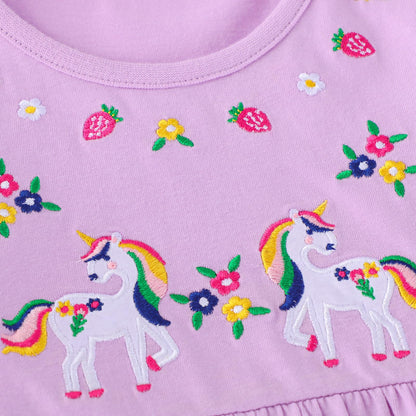Mädchen Kleid Baumwolle Rundhals Rüschen Ärmellos Lässige Einhorn Cartoon-Applikationen Blau/Weiße Gestreift Kleidung Kinder Sommer Party Festliches Prinzessin A-Linie Kleider Gr. 98-128
