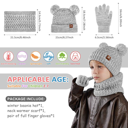 Children's Winter Hat Loop Scarf Touchscreen Gloves Set 2 3 4 5 6 7 Years Toddler Winter Hat Beanie Tube Scarf Knitted Pom Hats Gift Girls Boys