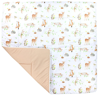 TupTam Krabbeldecke für Baby 120x120 cm - Gepolsterte Spieldecke Baby Baumwolle, XXL, OEKO-TEX, Weich & Hautfreundlich, Farbe: Wald/Beige