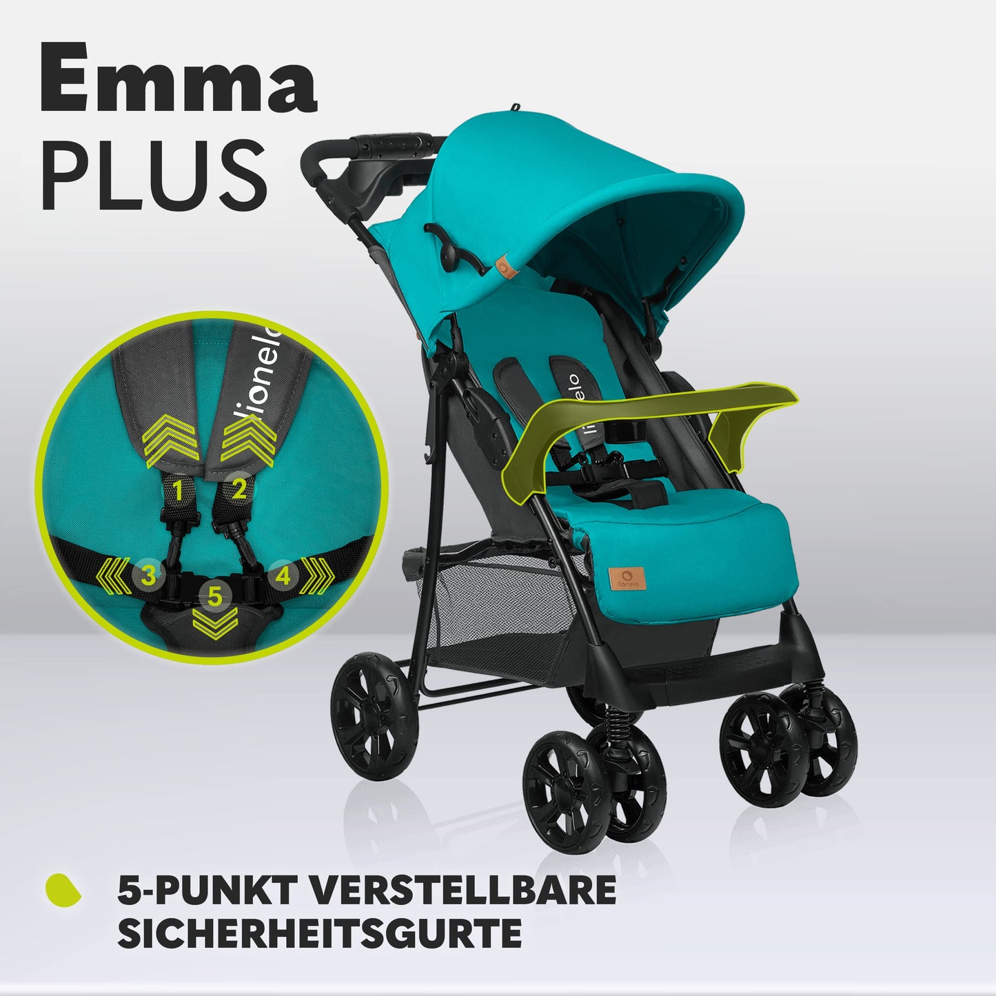 LIONELO Emma Plus Kinderwagen bis zu 15 kg, Kindersportwagen, leicht modern klein Buggy mit Liegeposition, zusammenklappbar, große Räder, großer Korb, Tasche Vivid Turkus