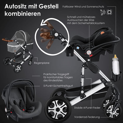 KESSER® Loops 3 in 1 Stroller Combi Stroller Complete Set including Carrycot &amp; Buggy Sports Seat &amp; Car Seat Solid Rubber Tires Changing Bag Rain Cover Children's Table ECE R129, Black/Champagne 