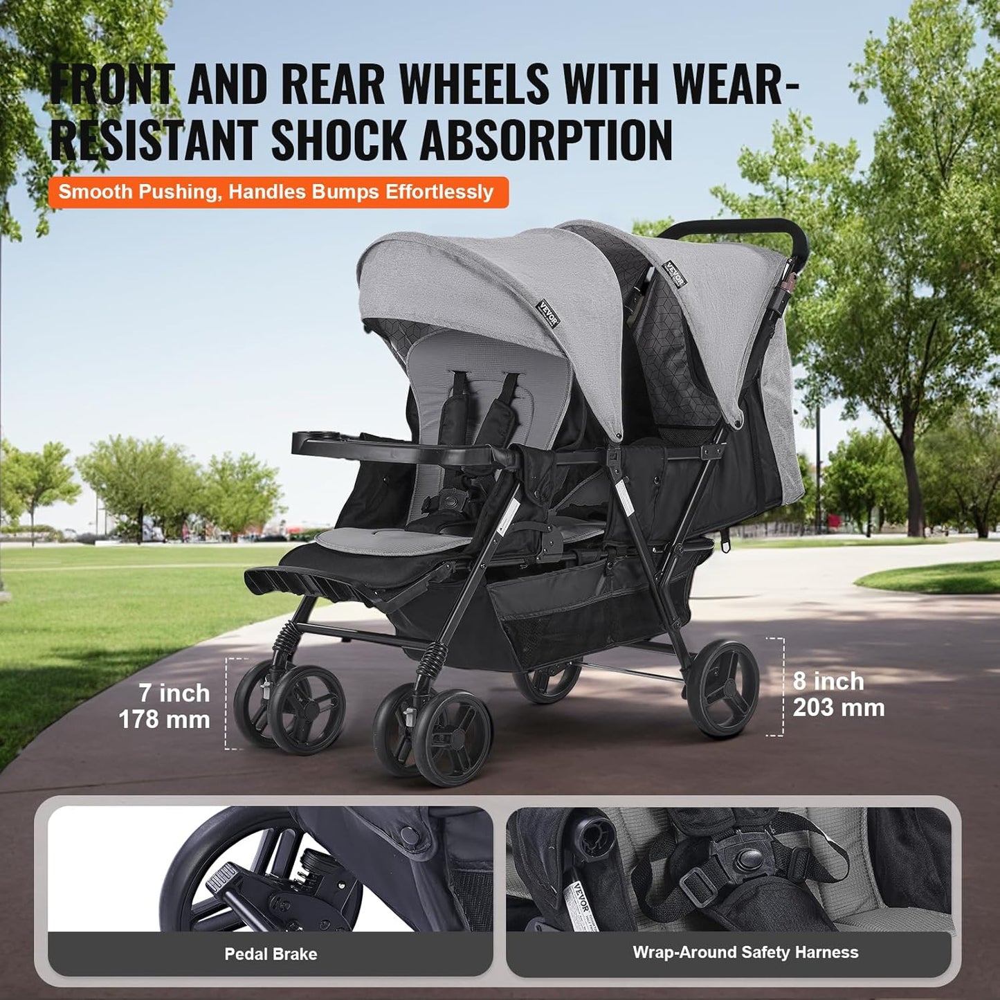 VEVOR Sibling Stroller, Foldable Twin Pushchair with Tandem Seat, Adjustable Backrest/Footrest, Seat Belt, Storage Basket and Tray, for Newborn and Toddlers (Dark Grey)
