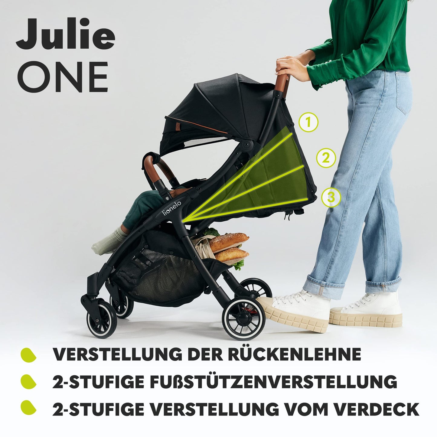 LIONELO Julie One Buggy Pushchair up to 22 kg, Adjustable Backrest and Footrest, Mosquito Net, Leg Warmer, Drink Holder and Transport Bag, Foldable