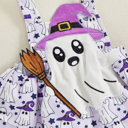 ESSECMBS Infant Baby Girl Halloween Romper Skirt 3 Pieces Clothing Set Long Sleeve Ruffle Shoulder Body Braces Pumpkin Ghost Skirt Headband Girls All Saints Clothing