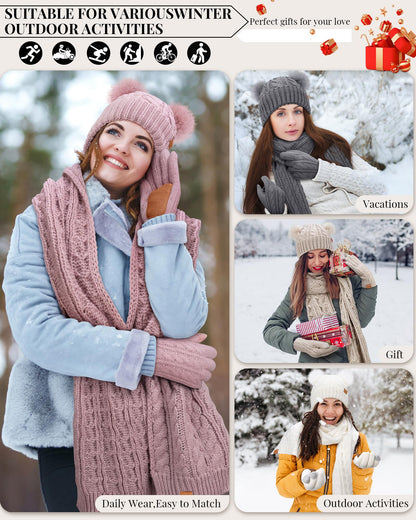 Winuesa Mütze, Schal & Handschuh-Sets für Damen, Beanie Mütze Damen Winter mit Bommel Fleece Gefütterte, Touchscreen Handschuhe Schal Cap 3 in 1 Set