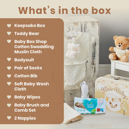 Baby Box Shop Babyparty Geschenk - 12 Baby-Essentials, Baby Geschenkset, Baby Geschenkkorb, Geschenke für eine Babyparty, Neugeborene Geschenkset, Neugeborenen Geschenk, Baby Geschenk Set - Creme