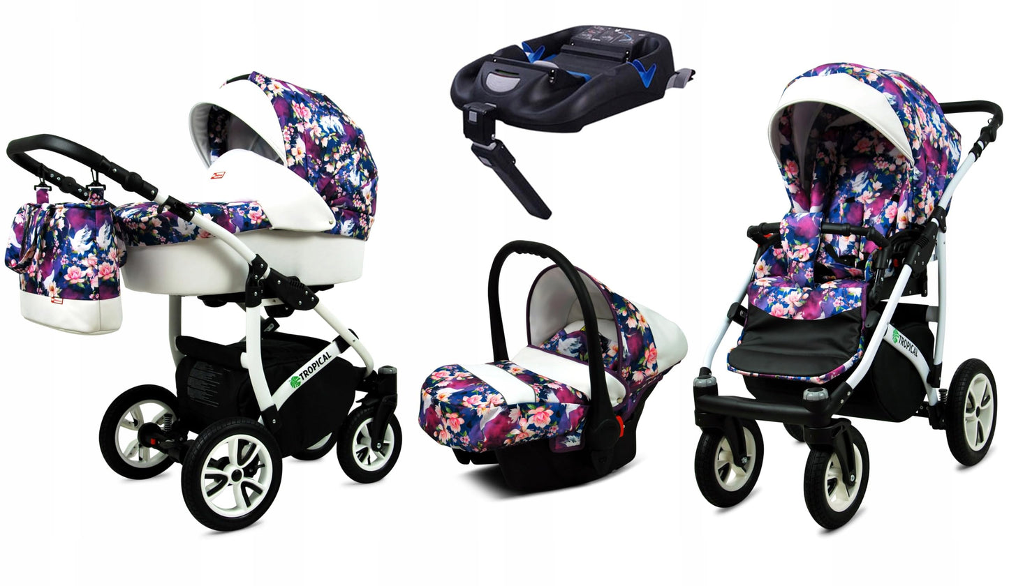 BabyLux® Bambimo Pushchair Set 3 in 1 - Tropical - incl. Baby Carrycot, Buggy Sports Seat, Car Seat - Pram Set - Combination Pram with Changing Bag, Rain Cover etc.