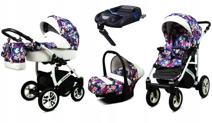BabyLux® Bambimo Pushchair Set 3 in 1 - Tropical - incl. Baby Carrycot, Buggy Sports Seat, Car Seat - Pram Set - Combination Pram with Changing Bag, Rain Cover etc.