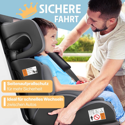 Autokindersitz mit Isofix i-Size R129 100-150cm bis 12 Jahre, Kinderautositz Gruppe 1/2/3, mitwachsender Kindersitz, 5-Punkt-Gurt & höhenverstellbare Kopfstütze, Sitzerhöhung Auto, Schwarz