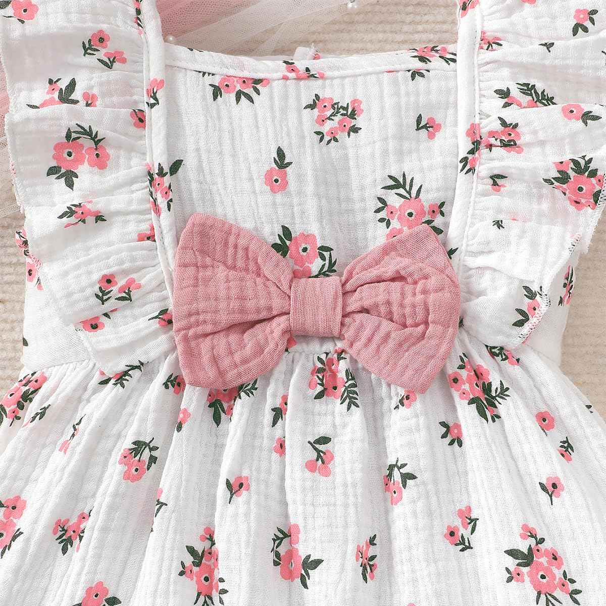Kleinkind Baby Mädchen Sommer Kleid Outfit Rüschenärmel Herz/Blumenmuster Boho Kleider Niedliches Baby Sommerkleid mit Hut