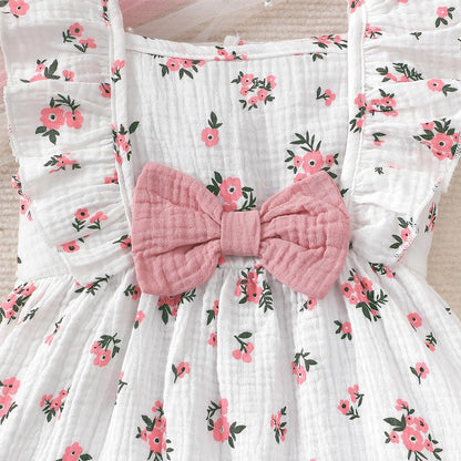 Kleinkind Baby Mädchen Sommer Kleid Outfit Rüschenärmel Herz/Blumenmuster Boho Kleider Niedliches Baby Sommerkleid mit Hut