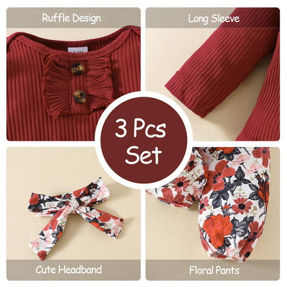 Neugeborenes Baby Mädchen Kleidung Kleinkind Gerippte Rüschen Langarm Strampler + Floral Hosen + Stirnband Nette Herbst Outfit Set