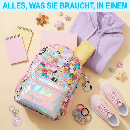 Rucksack Mädchen, Verstellbarer Reisetasche für Schule und Reise, Gepolsterte Schulrucksack mit Zwei Schlüsselanhänger, Geschenke für Kinder (Multi Squishmallows)
