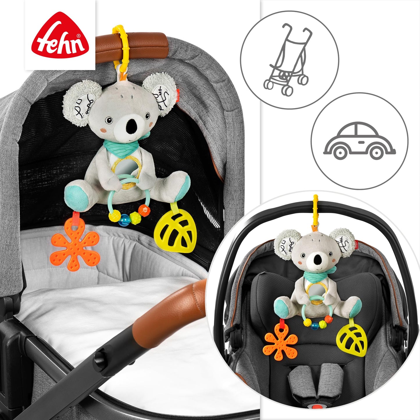 Fehn Activity-Spieltier Teddy – Baby Motorikspielzeug für Kinderwagen, Kinderbett und Babyschale zum Beißen, Greifen und Geräusche erzeugen – Beißring Spielzeug für Babys und Kinder ab 0+ Monaten