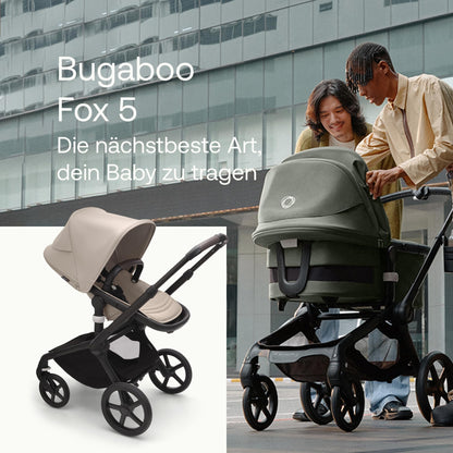 Bugaboo Fox 5, 2-in-1 Kinderwagen für jedes Gelände, mit Liegewanne und ausziehbarem Kleinkindsitz, einfach zu manövrieren und Ein-Hand Faltung, Fahrgestell in Schwarz und Sonnendach in Forest Green
