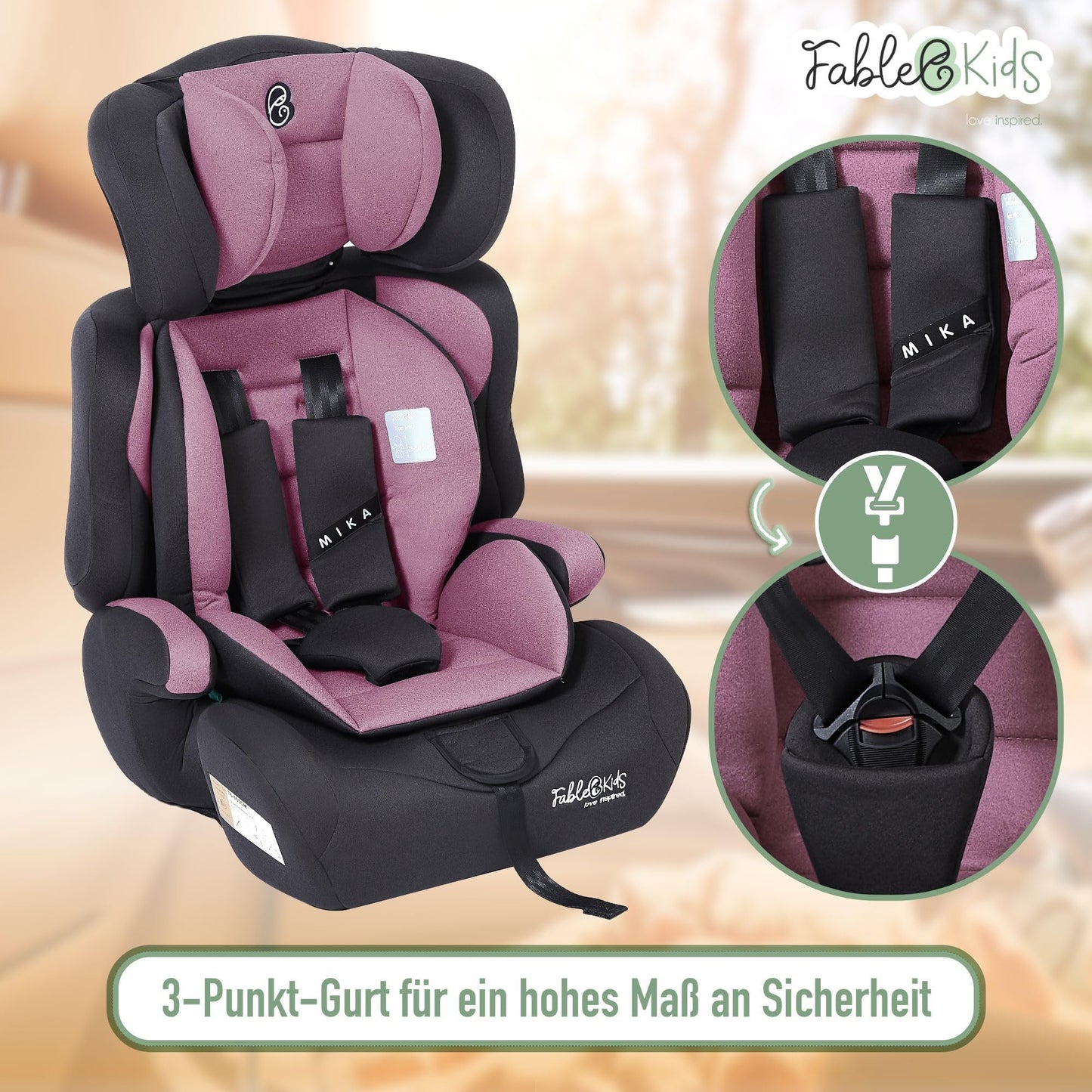 FableKids Kinderautositz 9-36 kg | 3-Punkt-Sicherheitsgurt | Autokindersitz ab 15 M. | Autositz für Kinder 76-150 cm | Kindersitz einstellbare Kopfstütze ECE R129/03 | Verstellbar | Schwarz
