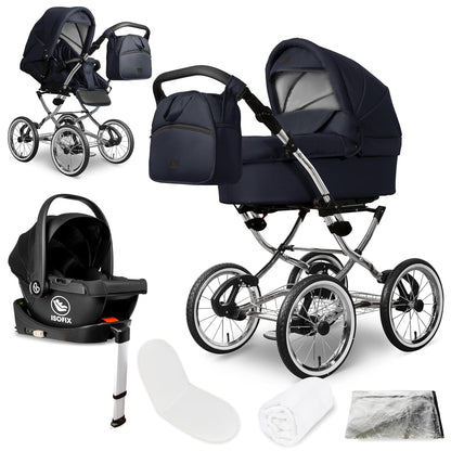 Bergsteiger Venice Nostalgia 4-in-1 Combination Pushchair - Baby Carrycot, Sports Seat, i-Size Baby Seat & Isofix Station, Pneumatic Tyres, Height Adjustable, Foldable, Accessories
