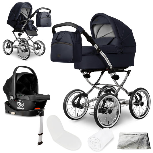 Bergsteiger Venice Nostalgia 4-in-1 Combination Pushchair - Baby Carrycot, Sports Seat, i-Size Baby Seat & Isofix Station, Pneumatic Tyres, Height Adjustable, Foldable, Accessories
