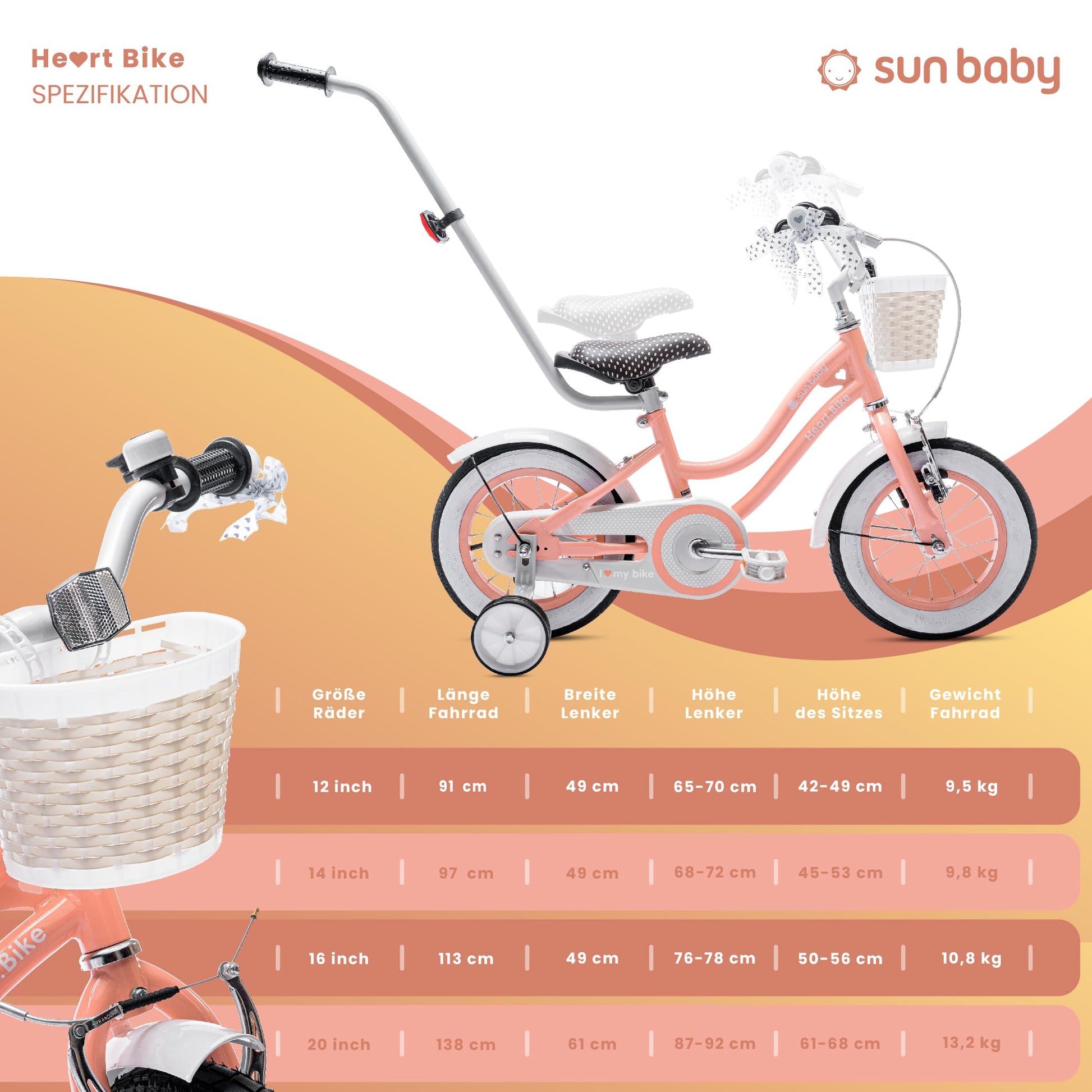sun baby Mädchenfahrrad 12, 14 und 16 Zoll Radgröße Heart Bike zur Auswahl, mit Abnehmbarer Schubstange, Kinderfahrrad für Mädchen von 2 bis 6 Jahre - Meloni2