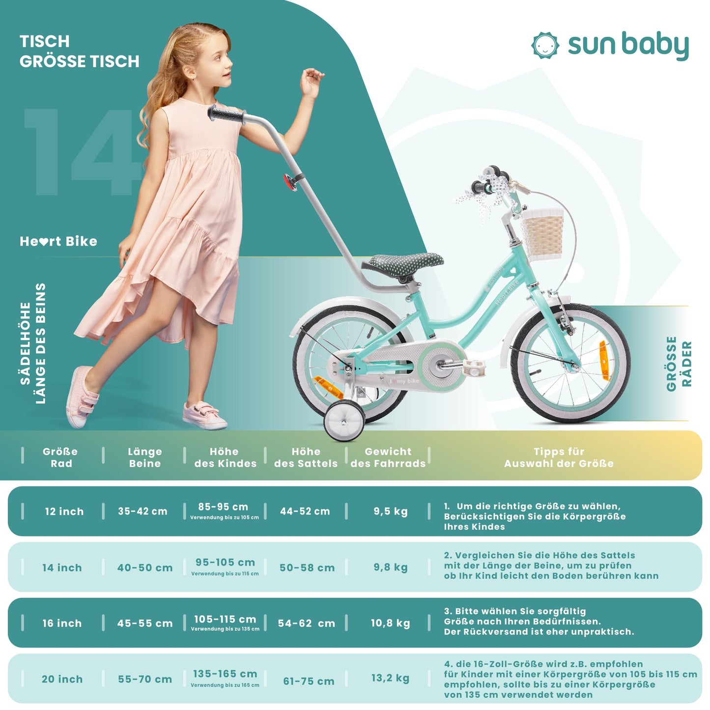 sun baby Mädchenfahrrad 12, 14 und 16 Zoll Radgröße Heart Bike zur Auswahl, mit Abnehmbarer Schubstange, Kinderfahrrad für Mädchen von 2 bis 6 Jahre - Meloni2