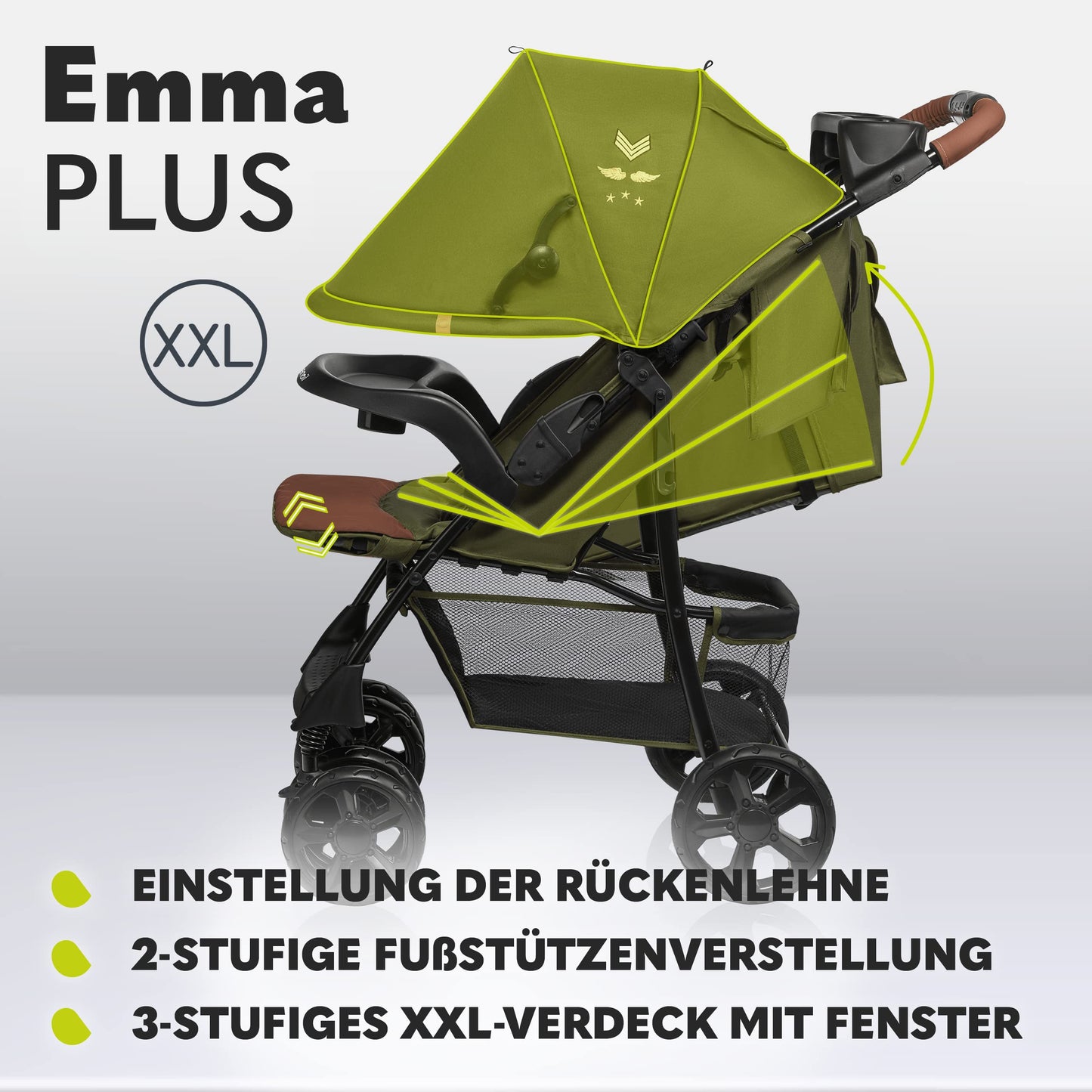 LIONELO Emma Plus Kinderwagen bis zu 15 kg, Kindersportwagen, leicht modern klein Buggy mit Liegeposition, zusammenklappbar, große Räder, großer Korb, Tasche Stone