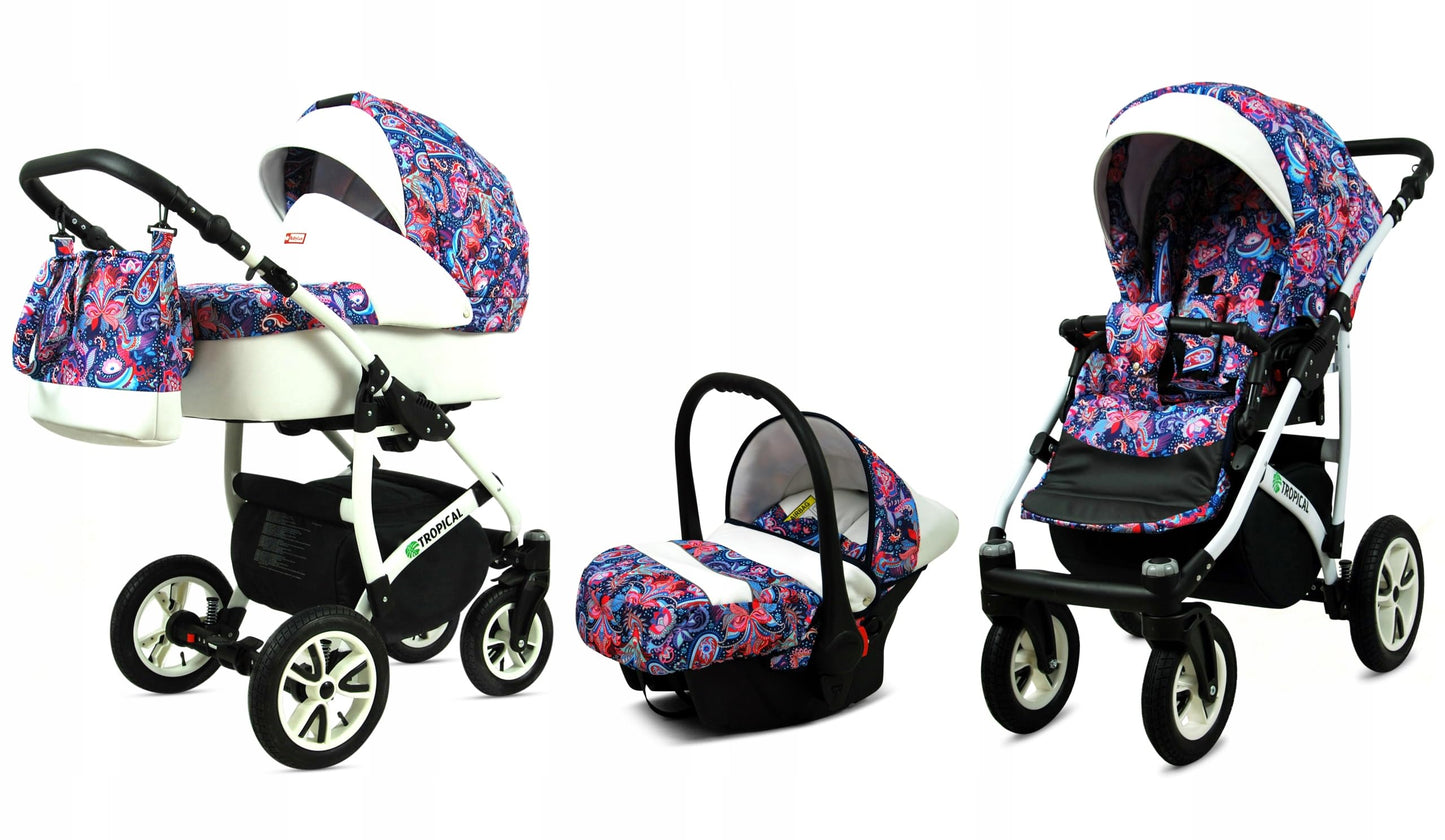 BabyLux® Bambimo Pushchair Set 3 in 1 - Tropical - incl. Baby Carrycot, Buggy Sports Seat, Car Seat - Pram Set - Combination Pram with Changing Bag, Rain Cover etc.
