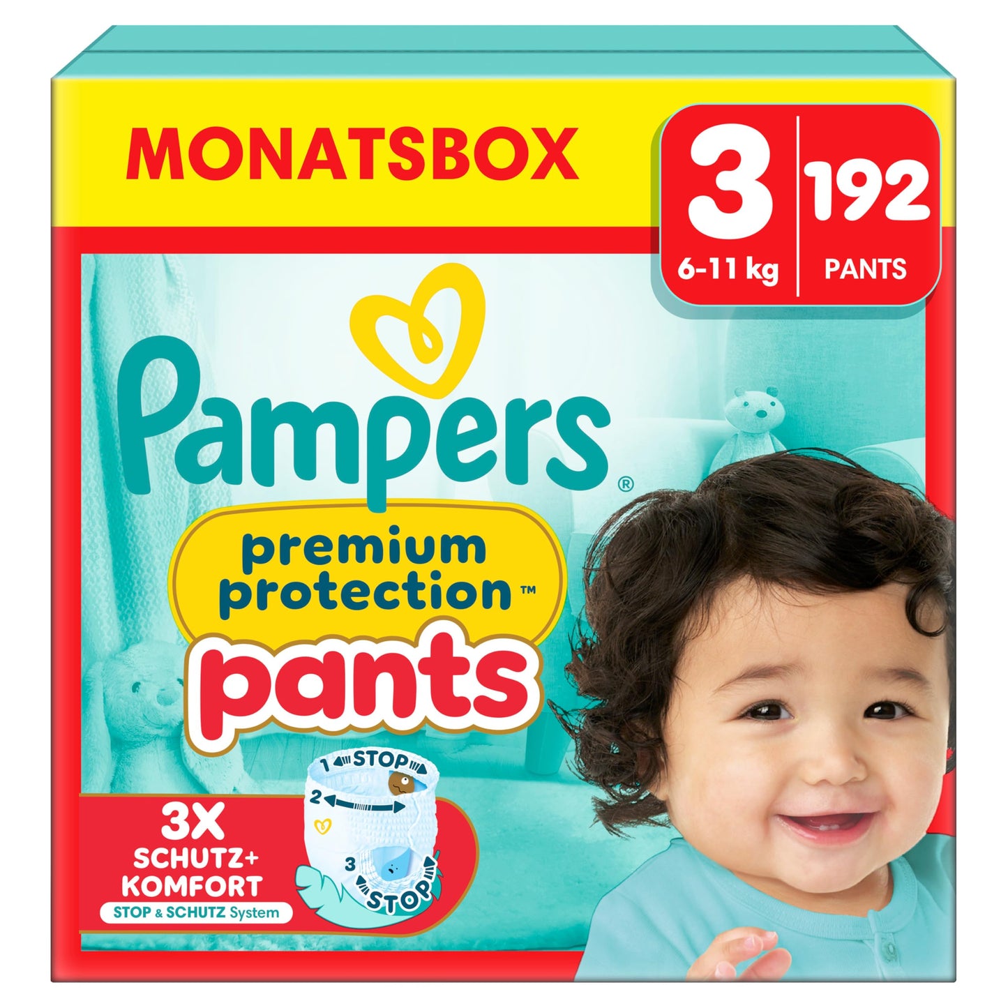 Pampers Premium Protection Pants Größe 4, 168 Windeln, 9kg-15kg, Mit 360° Passform und 2x breiteren Bündchen als vorher für unseren besten Komfort & Schutz