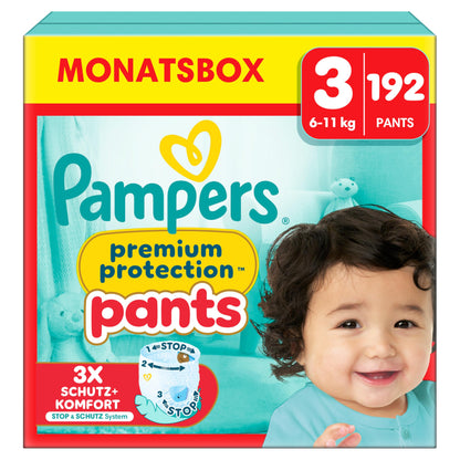 Pampers Premium Protection Pants Größe 4, 168 Windeln, 9kg-15kg, Mit 360° Passform und 2x breiteren Bündchen als vorher für unseren besten Komfort & Schutz