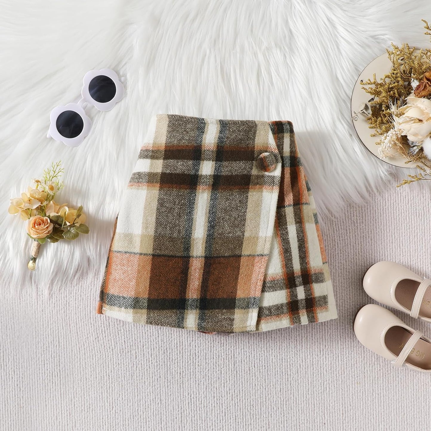 UUAISSO Kleinkind Baby Mädchen Kleidung Langarm Gerippte Oberteile Plaid Tweed Muster Rock Baskenmütze Herbst Knopf Outfits Sets