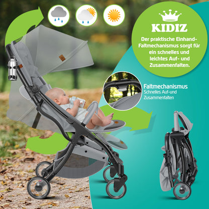 KIDIZ® Folding Pushchair, Sports Pram, 360° Wheels, 5-Point Harness, incl. Drinks Holder, Rain Cover, Adjustable Backrest and Sun Canopy, Red