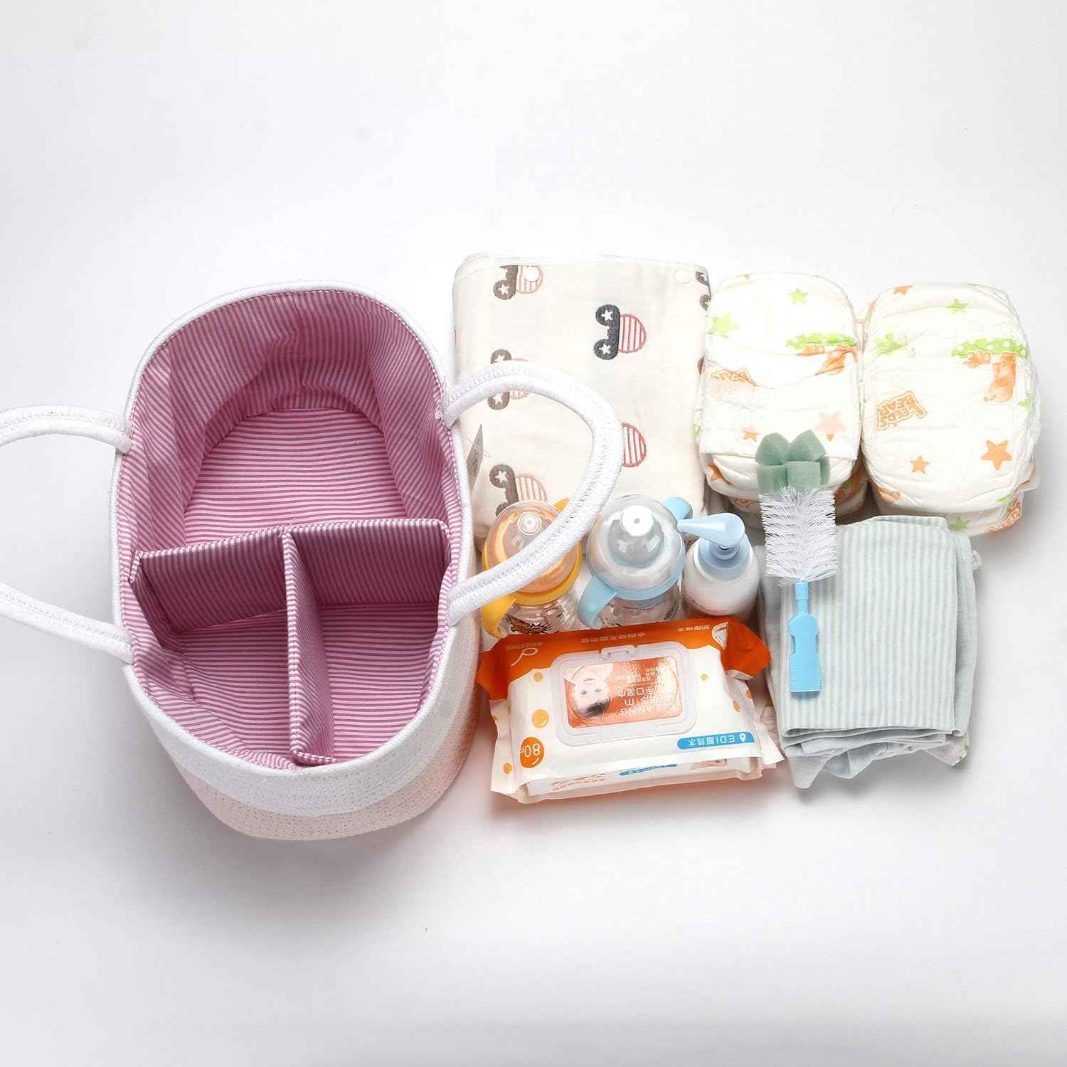 Hinwo Baby Nappy Caddy Triple Infant Nursery Shopping Bag Portable Car Organiser Newborn Shower Gift Basket Cotton Rope with Removable Divider for Nappies & Wipes