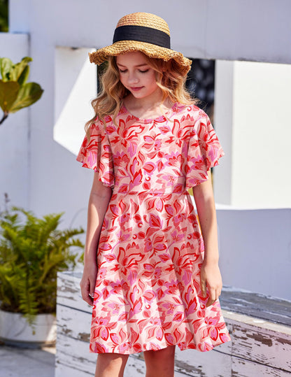 Arshiner Kleider für Mädchen Schmetterlingsärmel Kleid Kinder A-Line Swing Kleid Rundhals Sommerkleid Baumwollekleid Festlich Partykleid Hochzeit Lässige Kinderkleidung mit Tasche