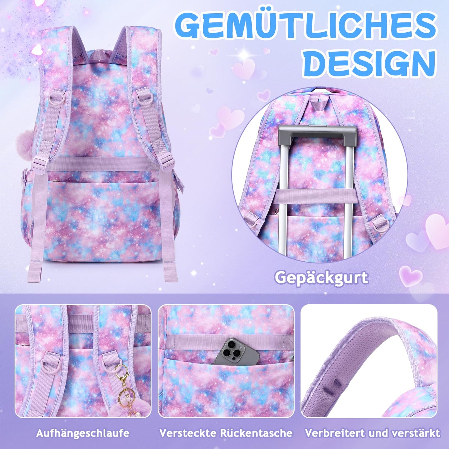 Schulrucksack Mädchen Herzdesign 22L mit Gepäckgurt für Schule | Spitze & Schleifendetails, Ergonomische 3D-Rückenpolsterung, wasserabweisendes Polyester, zahlreiche getrennte Fächer