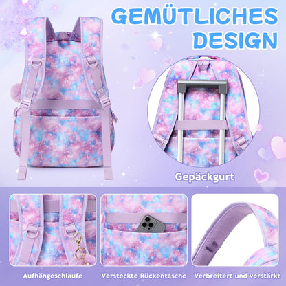 Schulrucksack Mädchen Herzdesign 22L mit Gepäckgurt für Schule | Spitze & Schleifendetails, Ergonomische 3D-Rückenpolsterung, wasserabweisendes Polyester, zahlreiche getrennte Fächer