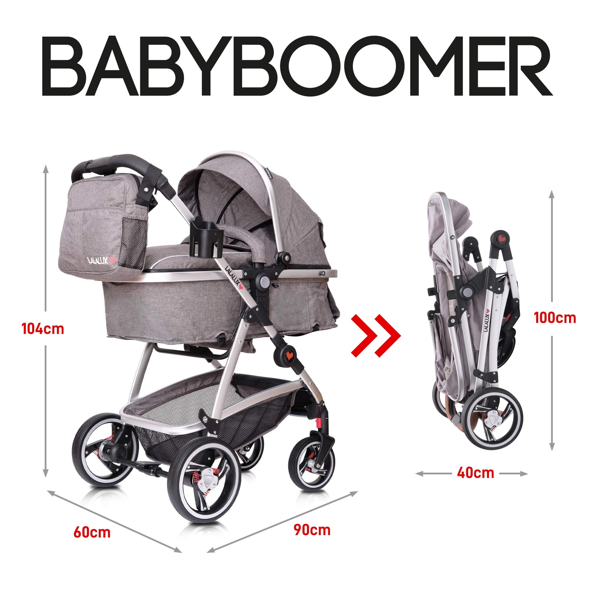 Lalalux Babyboomer leichter Kombikinderwagen Komplettset, Multifunktions-Kinderwagen, klappbar, sportlich, universell, doppelte Federung, inkl. Tasche, Regenschutz u.v.m. Für Kinder bis 36 Monate - Meloni2