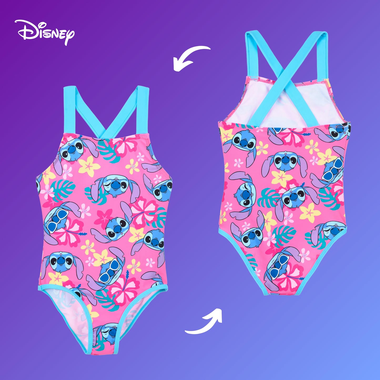Disney Stitch Badeanzug für Mädchen, Tropisches Design Einteiliger Badeanzug, Größen 3 bis 8 Jahre